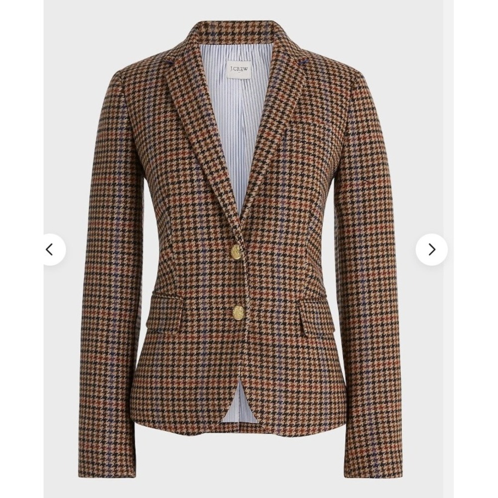JCrew  Brown Houndstooth Wool Blend Blazer Striped Lining Womens Size 16 preppy